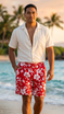Classic Hibiscus Men's Elastic Waist 3-Pocket Cotton Shorts