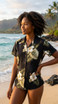 Pacific Legend Women's White Hibiscus Monstera Fitted Shirt