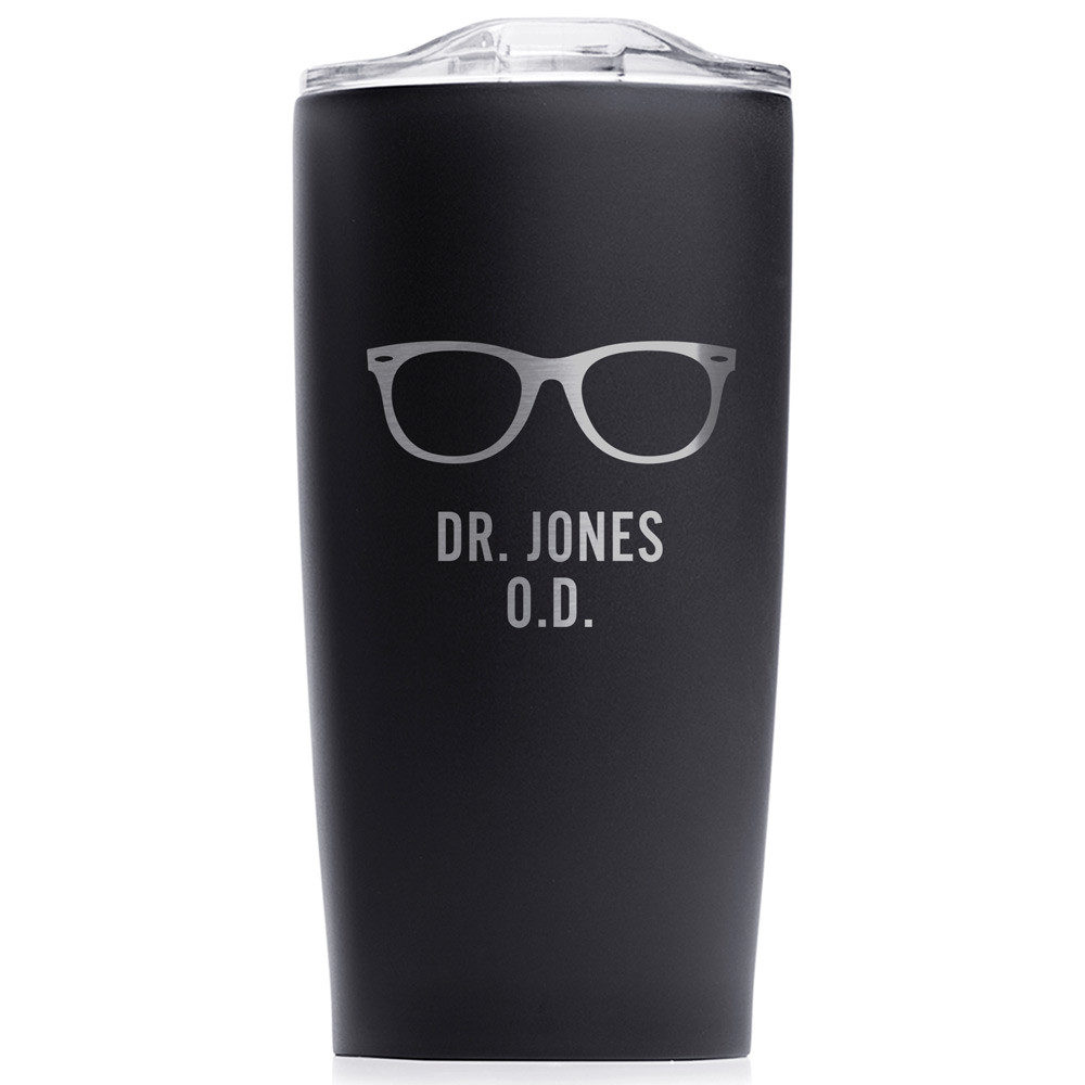 Personalized Eye Doctor Optometrist stainless steel coffee tumbler in black.