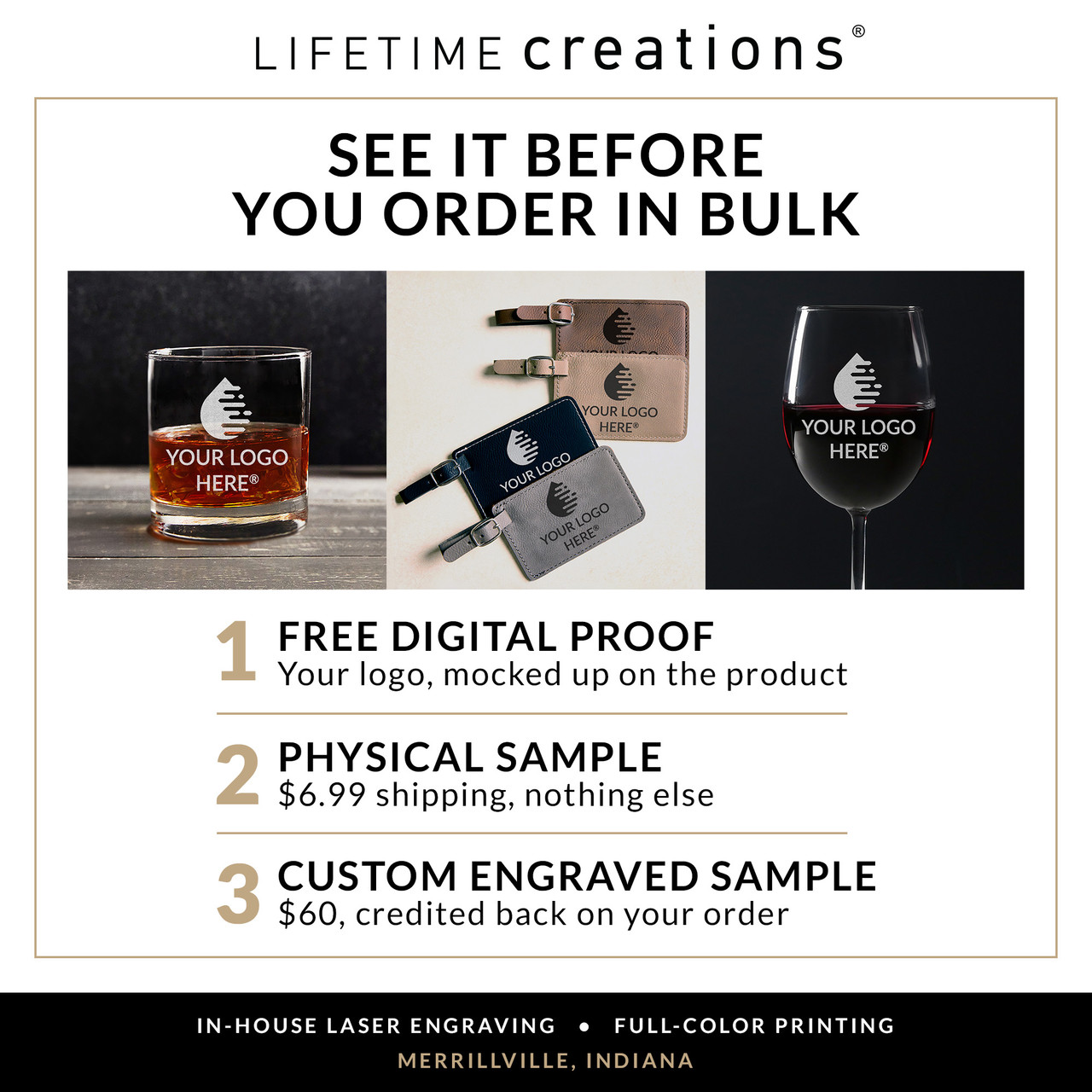 Custom logo bulk order samples: engraved drinkware, frames, and journals from Lifetime Creations in Indiana