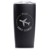 Personalized Pilot or Flight Attendant stainless steel coffee tumbler in black.