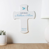 Custom blue baby boy baptism wall cross present hanging over table