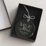 Personalized Mr. & Mrs. Ornament displayed in included black gift box.