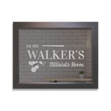 Medium personalized Billiards Bar Mirror with black frame sized 27 inches wide by 21 inches tall.