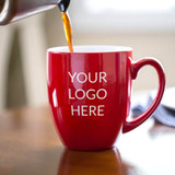 Coffee being poured into our  Bulk Custom Engraved with Your Logo coffee mug with handle to the right personalized with your company's logo or your custom artwork.