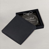 Personalized Happy Hanukkah & Merry Christmas Ornament displayed in included black gift box.