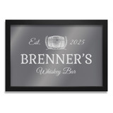 Large personalized Whiskey Bar Mirror with black frame sized 39 inches wide by 27 inches tall.