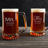Personalized Mr. & Mrs. Beer Mugs  by Lifetime Creations. Laser engraved with Mr. and Mrs. on each beer mug and your last name and wedding date.