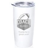 Personalized Football coach stainless steel coffee tumbler in white.