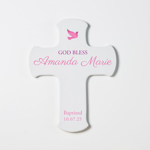 Personalized pink baptism wall cross for baby girl by Lifetime Creations, custom 9" porcelain cross keepsake personalized with name and baptism or christening date, baptism gift cross Personalized pink baptism wall cross for baby girl by Lifetime Creations, custom 9" porcelain cross keepsake personalized with name and baptism or christening date, baptism gift cross