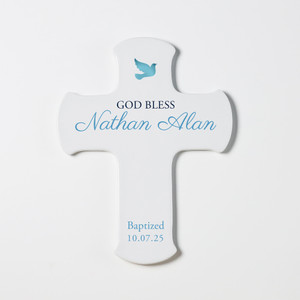 Personalized blue baptism wall cross for baby boy by Lifetime Creations, custom 9" porcelain cross keepsake personalized with name and baptism or christening date, baptism gift cross Personalized blue baptism wall cross for baby boy by Lifetime Creations, custom 9" porcelain cross keepsake personalized with name and baptism or christening date, baptism gift cross