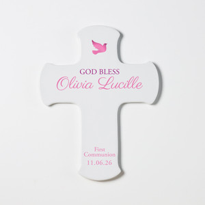 Personalized First Communion Wall Cross for Girls — custom engraved in Indiana