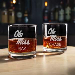 Personalized Ole Miss Rebels whiskey glasses, custom engraved with your name