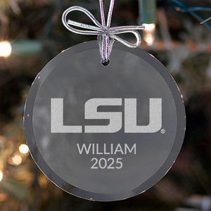 Personalized LSU Tigers Glass Ornament laser engraved with Alabama Logo, your name and year.