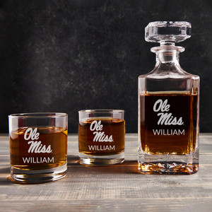 Personalized Ole Miss Rebels whiskey decanter set including 2 whiskey glasses, custom engraved with your name Personalized Ole Miss Rebels whiskey decanter set including 2 whiskey glasses, custom engraved with your name
