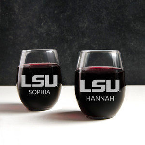 Personalized LSU Tigers Stemless Wine Glass — custom engraved in Indiana
