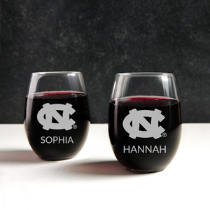 Personalized North Carolina Tar Heels Stemless Wine Glass with logo and name