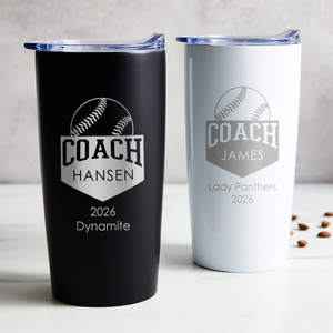 Personalized Softball Coach gift tumbler in black or white laser engraved with softball design, coach's name, and team name