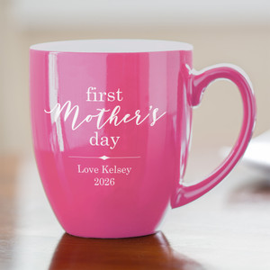 Personalized First Mother's Day Pink Coffee Mug — custom engraved in Indiana