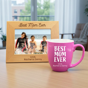 Personalized Best Mom Ever Pink Coffee Mug and Picture Frame — custom engraved in Indiana
