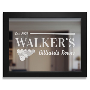 Personalized Billiards Bar Mirror with black frame laser engraved with your custom text and pool cue and billiards balls, displayed hanging on wall.