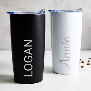 Personalized stainless steel coffee tumbler in black or white laser engraved with your name in your font choice Personalized stainless steel coffee tumbler in black or white laser engraved with your name in your font choice