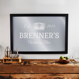 Personalized Whiskey Bar Mirror with black frame laser engraved with your custom text and whiskey barrel design, displayed hanging on wall. Personalized Whiskey Bar Mirror with black frame laser engraved with your custom text and whiskey barrel design, displayed hanging on wall.