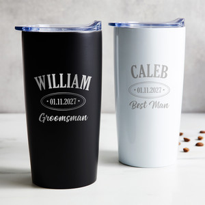 Personalized Best Man stainless steel coffee tumbler in black or white laser engraved with their name, wedding date, and wedding role, displayed on table. Personalized Best Man stainless steel coffee tumbler in black or white laser engraved with their name, wedding date, and wedding role, displayed on table.