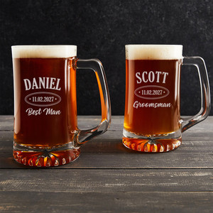 Custom Engraved Groomsman Beer Mug by Lifetime Creations. Laser engraved with your groomsman's name, role, and your wedding date. Custom Engraved Groomsman Beer Mug by Lifetime Creations. Laser engraved with your groomsman's name, role, and your wedding date.