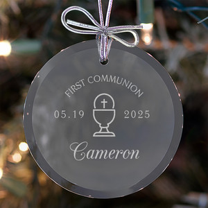Personalized First Communion glass ornament suncatcher hung by silver string on Christmas Tree engraved with FIRST COMMUNION, recipients name and first communion date. Personalized First Communion glass ornament suncatcher hung by silver string on Christmas Tree engraved with FIRST COMMUNION, recipients name and first communion date.