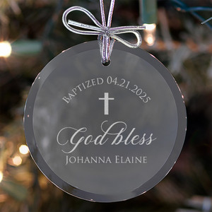 Personalized Baptism Glass Ornament Suncatcher customized with cross design and child's name and baptism date shown hanging on Christmas tree Personalized Baptism Glass Ornament Suncatcher customized with cross design and child's name and baptism date shown hanging on Christmas tree