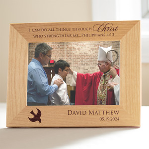 Personalized Confirmation Picture Frame customized with your child's name and confirmation date by Lifetime Creations displayed on table. Personalized Confirmation Picture Frame customized with your child's name and confirmation date by Lifetime Creations displayed on table.