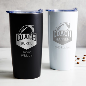 Personalized Football coach stainless steel coffee tumbler in black or white laser engraved with football design, coffee travel mug from team, high school football, youth football, coach's name, and your special message, coaches appreciation thank you gift Personalized Football coach stainless steel coffee tumbler in black or white laser engraved with football design, coffee travel mug from team, high school football, youth football, coach's name, and your special message, coaches appreciation thank you gift