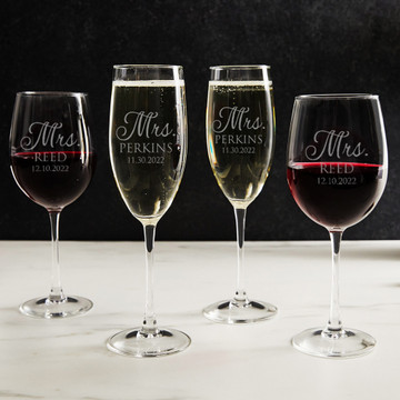 Engraved Personalized Mrs and Mrs Wine Glasses and Champagne Glasses