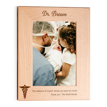 Personalized Doctor Appreciation Wood Picture Frame laser engraved with caduceus, your doctor’s name, and your special message, displayed in portrait