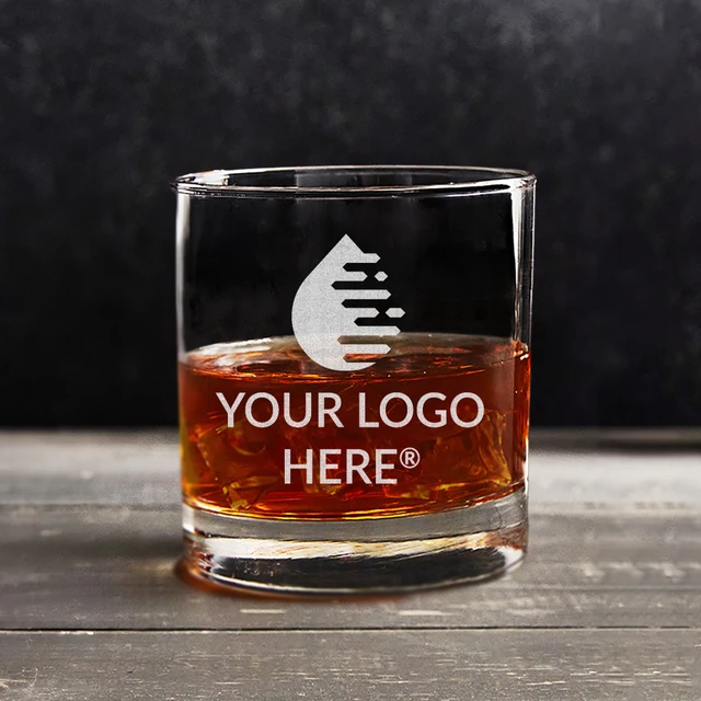 Custom logo engraved whiskey rocks glass for bulk corporate gifts, engraved in Indiana