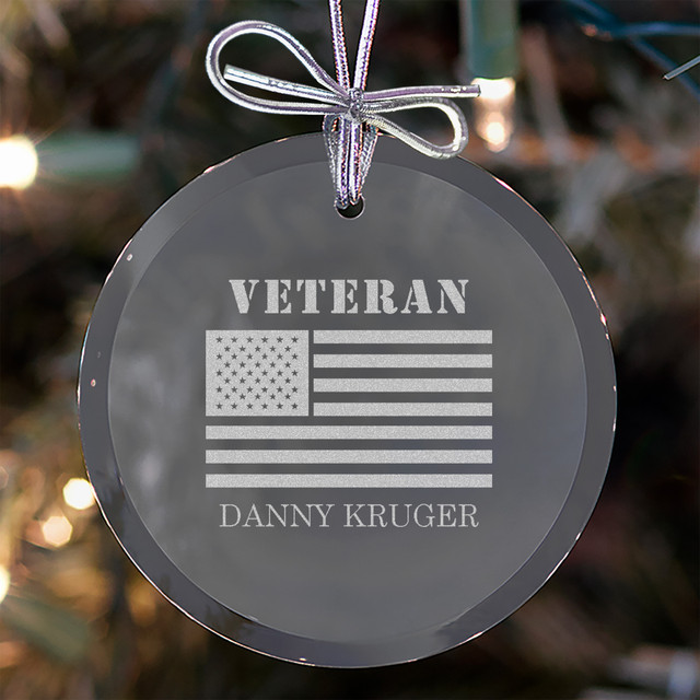 Personalized Veteran Glass Ornament engraved with an American flag, engraved in Indiana