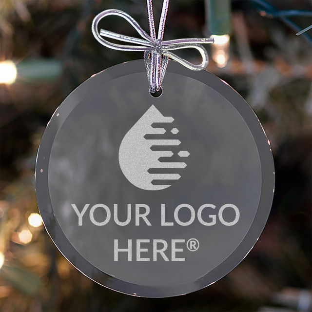 Custom logo engraved 3 inch round glass ornament for holiday client gifts