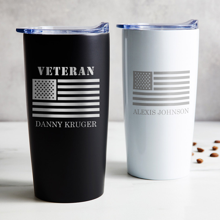 Personalized Veterans Day stainless steel coffee tumbler travel mug, in black or white laser engraved with the American flag and your name and branch of the military; community event appreciation recognition