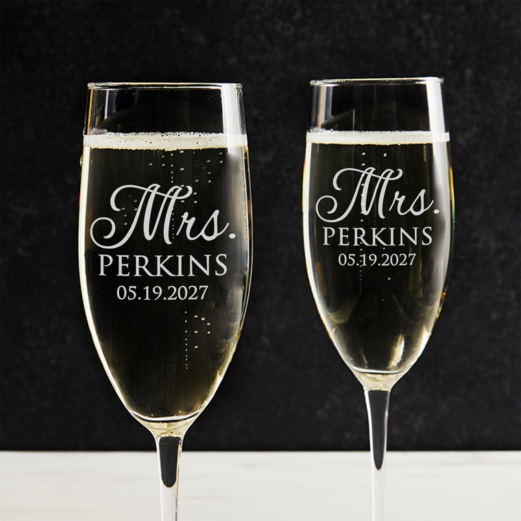 Personalized Mrs & Mrs Champagne Glasses Personalized Mrs & Mrs Champagne Glasses