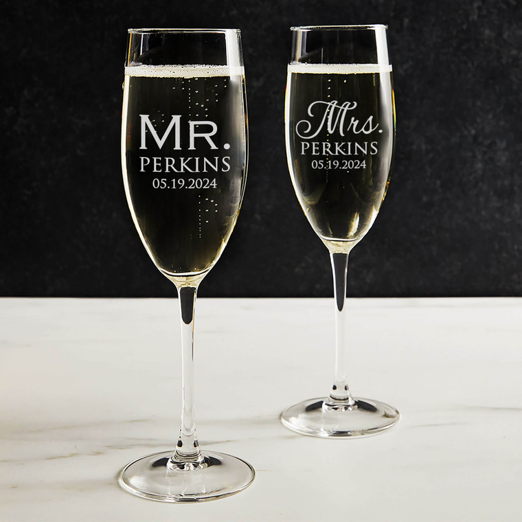 Personalized Mr & Mrs Champagne Glasses — custom engraved in Indiana