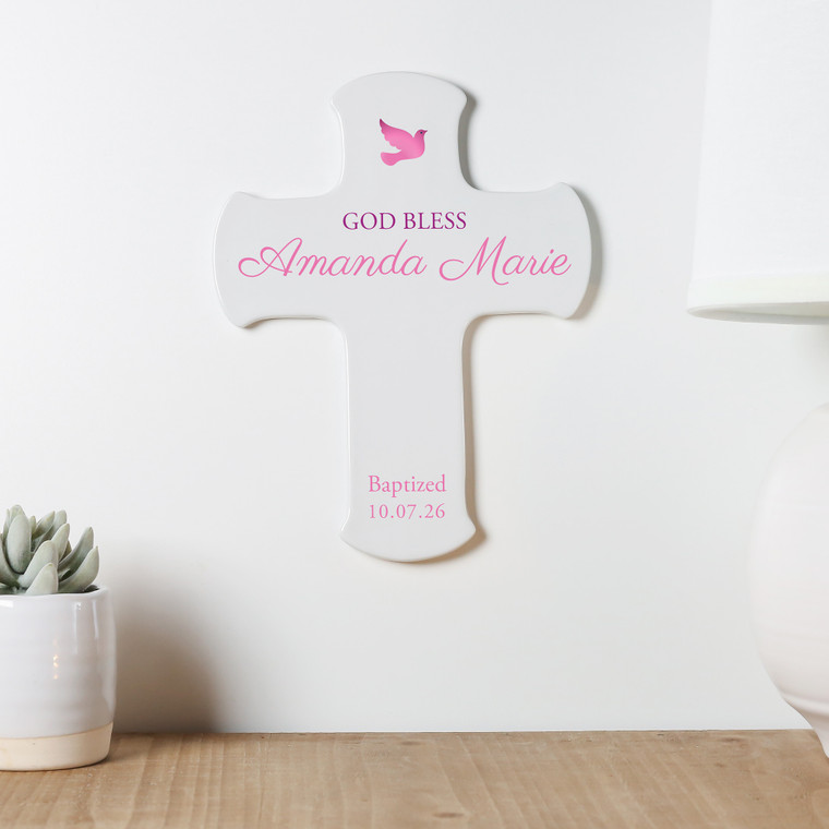 Personalized pink baptism wall cross for baby girl by Lifetime Creations, custom 9" porcelain cross keepsake personalized with name and baptism or christening date, baptism gift cross