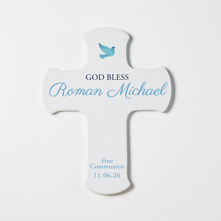 Personalized blue first communion wall cross for boy by Lifetime Creations, custom 9" porcelain cross keepsake personalized with name and sacrament date,  gift for first communion