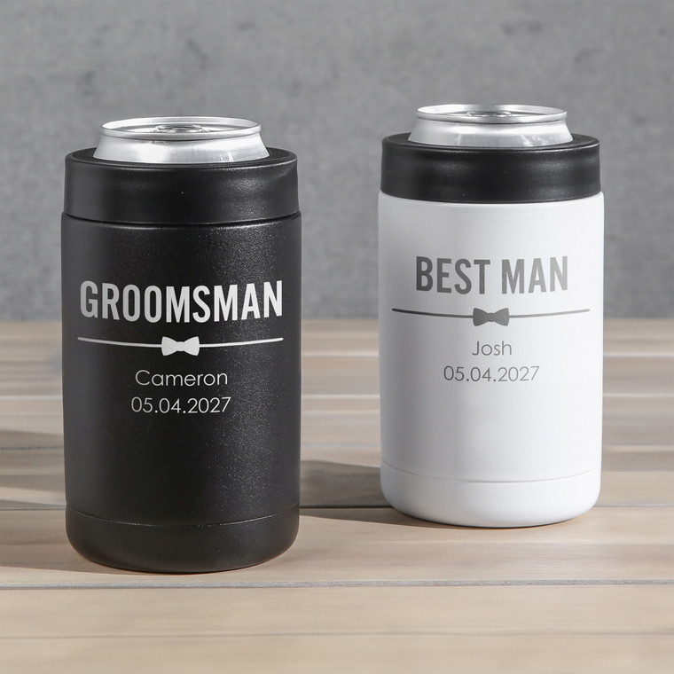 Personalized Groomsman Stainless Steel Can Cooler — custom engraved in Indiana