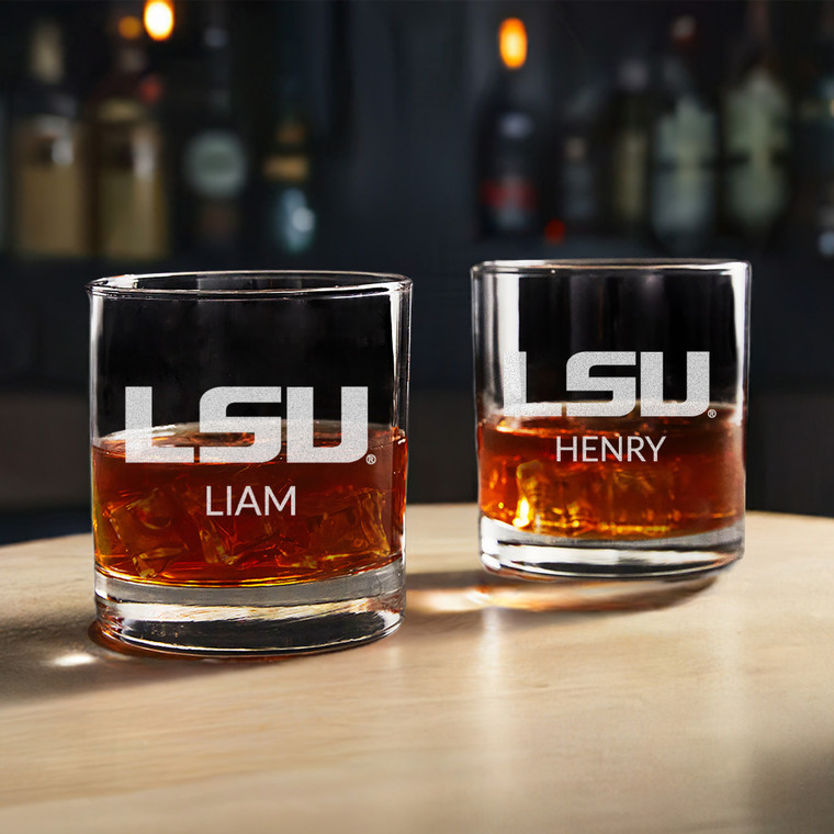 Personalized LSU Tigers Whiskey Glass — custom engraved in Indiana
