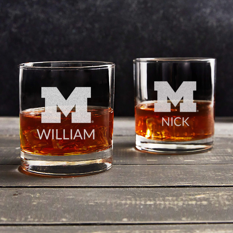 Personalized Michigan Wolverines whiskey glass, lowball cocktail bourbon glasses gift for Michigan fan birthday, Father's Day, graduation