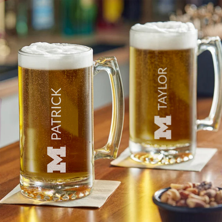 Personalized Michigan Wolverines Glass Mug — custom engraved in Indiana