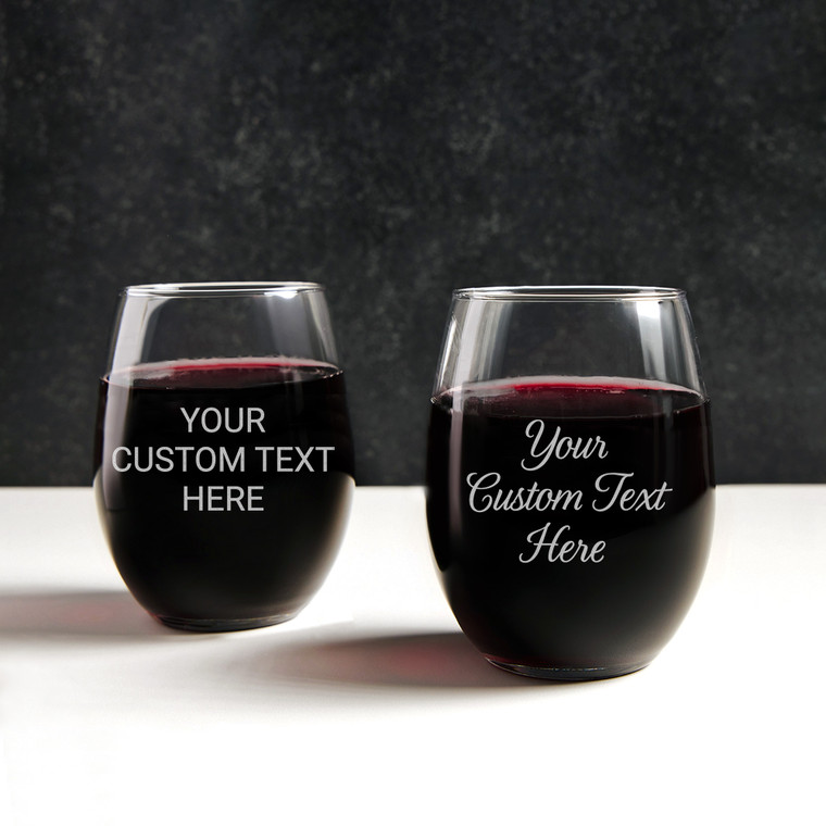 Stemless wine glass custom laser engraved with your own text and choice of fonts