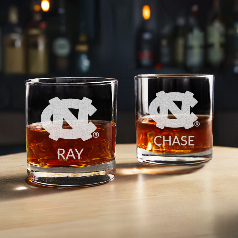 Personalized North Carolina Tar Heels Whiskey Glass — custom engraved in Indiana