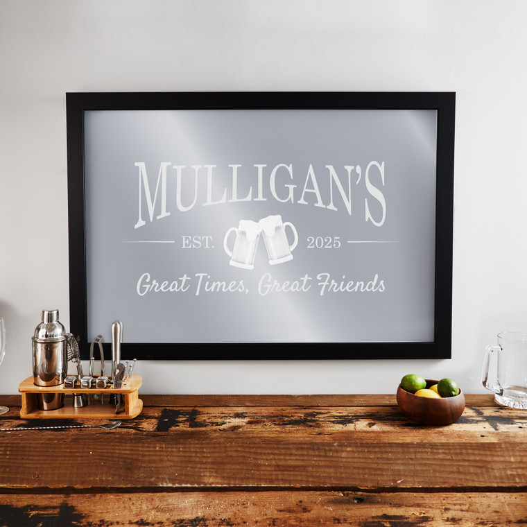 Personalized Beer Mugs Bar Mirror with black frame laser engraved with your custom text and two beer mugs cheers design, displayed hanging on wall. Personalized Beer Mugs Bar Mirror with black frame laser engraved with your custom text and two beer mugs cheers design, displayed hanging on wall.
